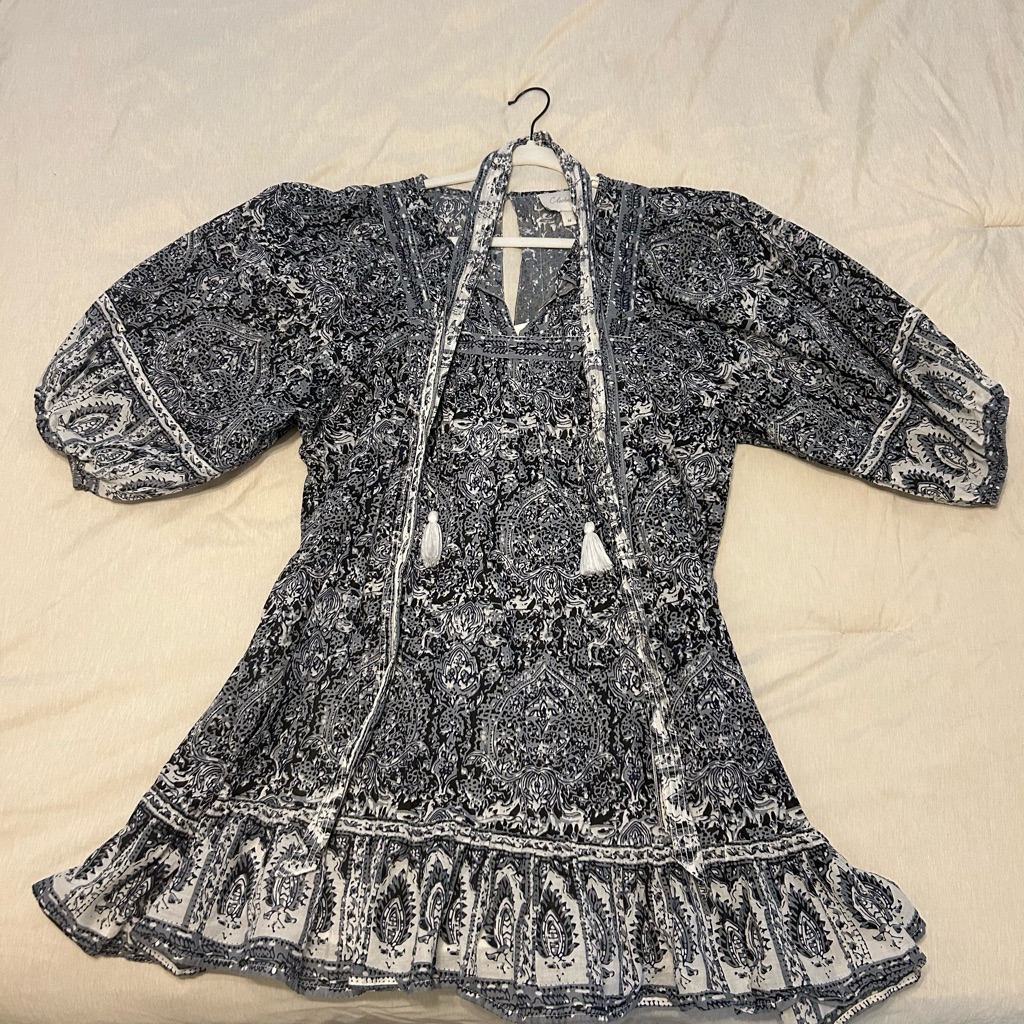 Cleobella Navy And White Mini Cotton Waist Tie Dress Size M